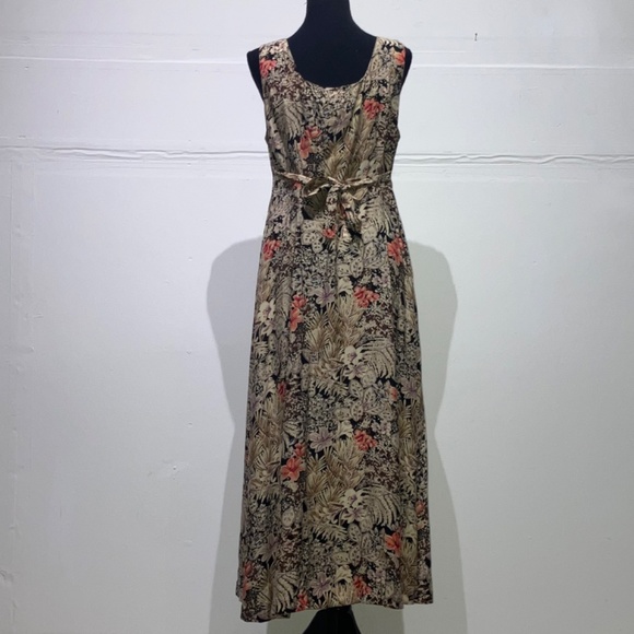 Brown and coral cool toned floral button down adjustable waist long dress - Picture 2 of 14